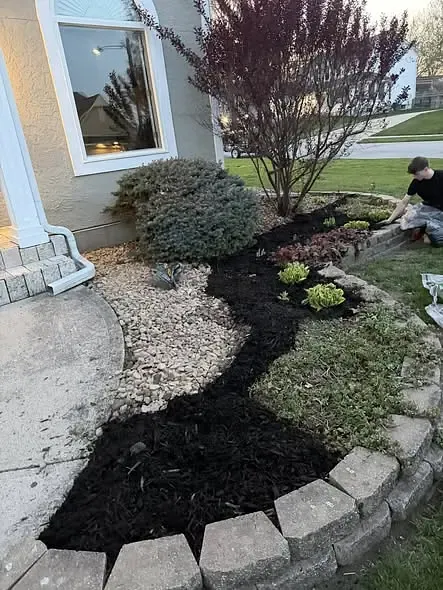A sweeping bed line cut into the lawn, edged in set stone and topped with black mulch. The curve was laid out on the ground and checked from the street before a stone went down.