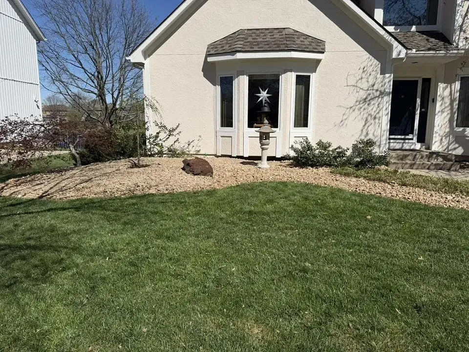 A long curved boxwood hedge clipped to a clean line around a mulched bed